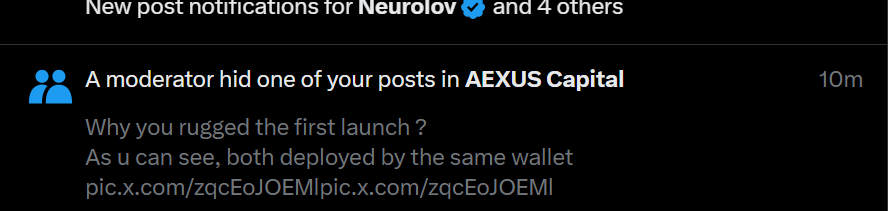 A mod from $AEXUS (<a href="/aexusfinance/">AEXUS Finance</a>) hid one of my comments just because I pointed out that their farm uses the same deployer wallet across multiple launches. Pretty weird move tbh...