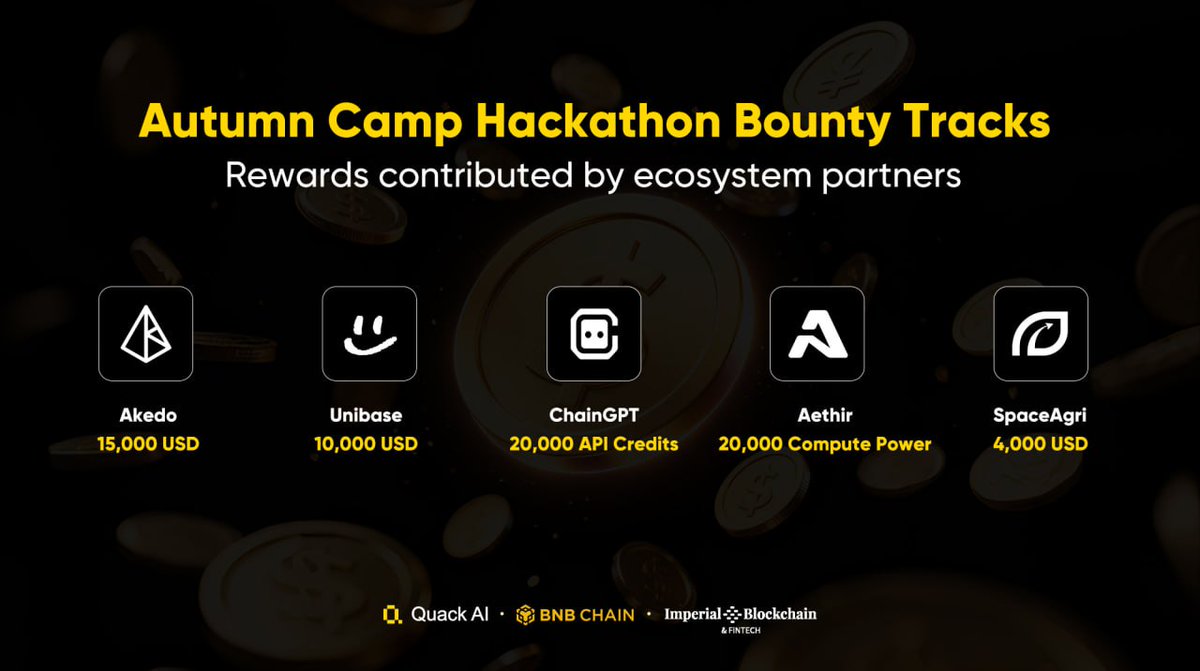 QuackAI_AI's tweet image. The Autumn Camp Hackathon is officially underway.

The Opening Ceremony concluded with keynotes and workshops from @QuackAI_AI, @AkedoFun, @Unibase_AI, @Chain_GPT, @AethirCloud and @space_agri along with final keynote from @BNBCHAIN.

All bounty tracks are now live, with over…