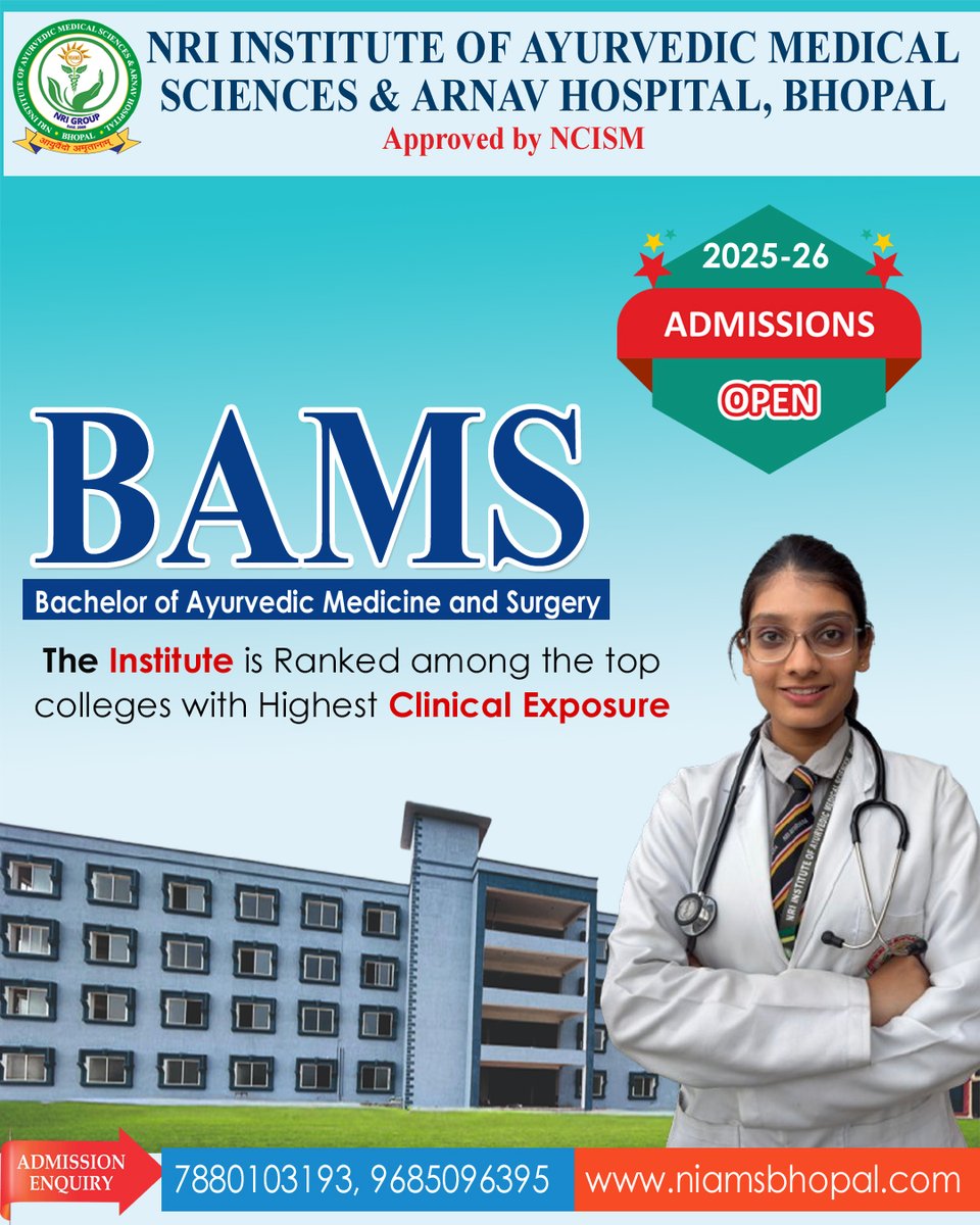 NRIGroupIndia's tweet image. Future Doctors, this is your moment!
Join a college known for Highest Clinical Exposure + Expert Faculty.
👉 Admissions open for #BAMS 2025–26.

#College #Bhopal #NRIGroupIndia