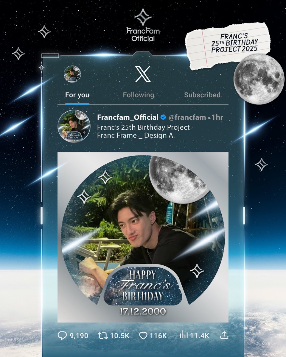 francfam's tweet image. 🎁 Franc&apos;s 25th Birthday Project ต้อนรับเดือนพิเศษกับคนพิเศษ ✨️

#ShiningAt25WithFRANCday 
@francnrp #francnrp #ฟรังนรุทธ์ 

🙌🏻 เชิญชวนทุกคนใส่กรอบโปรไฟล์ตลอดเดือนธันวาคมเพื่อฉลองเดือนแห่งความพิเศษนี้ไปด้วยกันค่ะ 
 
แบบ a เฟรมสีเงิน ลุคเท่ห์
🔗 : twibbonize.com/francframe-a

แบบ b…