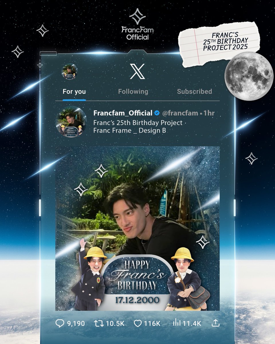 francfam's tweet image. 🎁 Franc&apos;s 25th Birthday Project ต้อนรับเดือนพิเศษกับคนพิเศษ ✨️

#ShiningAt25WithFRANCday 
@francnrp #francnrp #ฟรังนรุทธ์ 

🙌🏻 เชิญชวนทุกคนใส่กรอบโปรไฟล์ตลอดเดือนธันวาคมเพื่อฉลองเดือนแห่งความพิเศษนี้ไปด้วยกันค่ะ 
 
แบบ a เฟรมสีเงิน ลุคเท่ห์
🔗 : twibbonize.com/francframe-a

แบบ b…