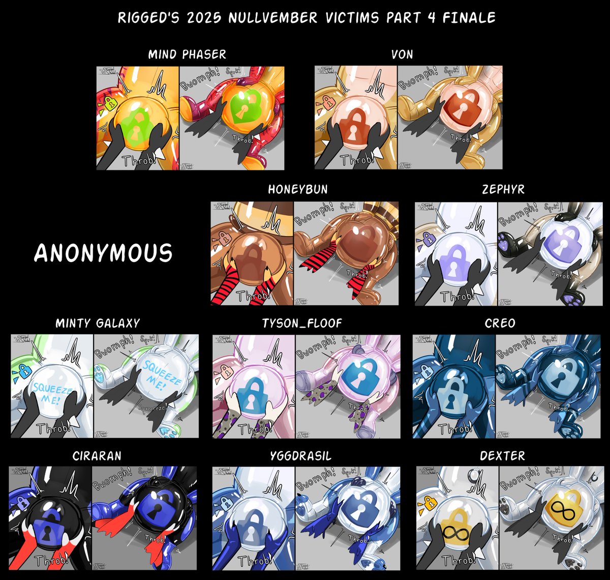 riggedreded's tweet image. Here&apos;s the finale batch of nulges!

30 whole days, 42 entire nulges made, Soooooo many @~@

Thank you all who participated in this Nullvember event! And thank you everyone for all the support!💙🩵🤍

Everyone shown will be listed in the comments!

#nulges