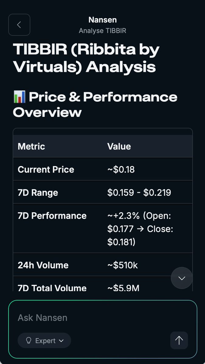 TIBBIRの価格とパフォーマンス概要を示すNansen AIのスクリーンショット