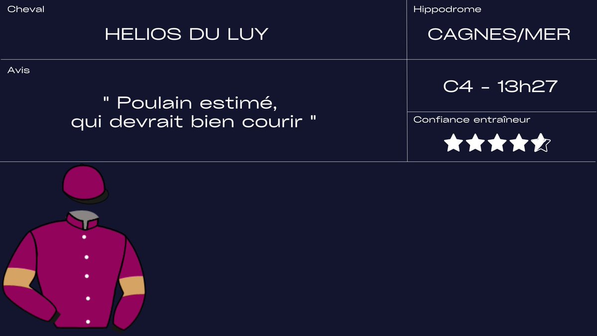 #Cagnes 1️⃣4️⃣ partants 2/4

⭕️ Prix du Col d’Allos
🐴 FILM DIRECTOR
🧑🏽‍✈️ L. Philipperon

⭕️ Prix Ucello II

🐴 TOASTMASTER
🧑🏽‍✈️ J. Phelippe

🐴 BELVEDERE PALACE 
🧑🏽‍✈️ D. Ubeda

🐴 HELIOS DU LUY
🧑🏽‍✈️ L. Philepperon