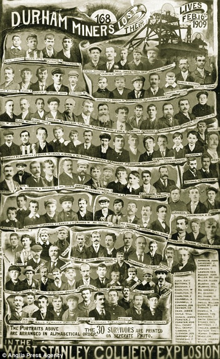 artinsociety's tweet image. At 3:45 pm on 16 February 1909, an accidental ignition of coal dust caused a massive explosion at the West Stanley colliery in Durham, killing 168 miners. This poster, released shortly after, recorded the faces of them all ~ some as young as 13. Just look at them