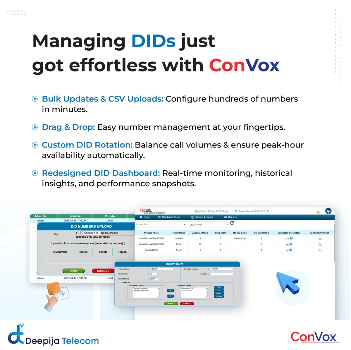deepijatel's tweet image. Managing DIDs shouldn’t slow you down. With ConVox, bulk updates, drag-and-drop routing, and a smarter DID dashboard make everything effortlessly efficient.

Visit deepijatel.com to learn more.

#technologybased  #CustomerService  #AI  #Innovation  #Automation