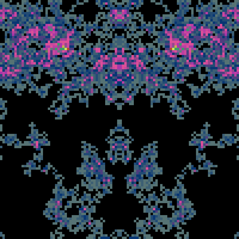 PatternRandom's tweet image. Low-res mirrored palettewalk
iterations=7185,levels=18,seed=139344616,cols=7,c1=567374,c2=083673,c3=dc5098,c4=a836a9,c5=379d69,c6=b5492e,c7=cde759