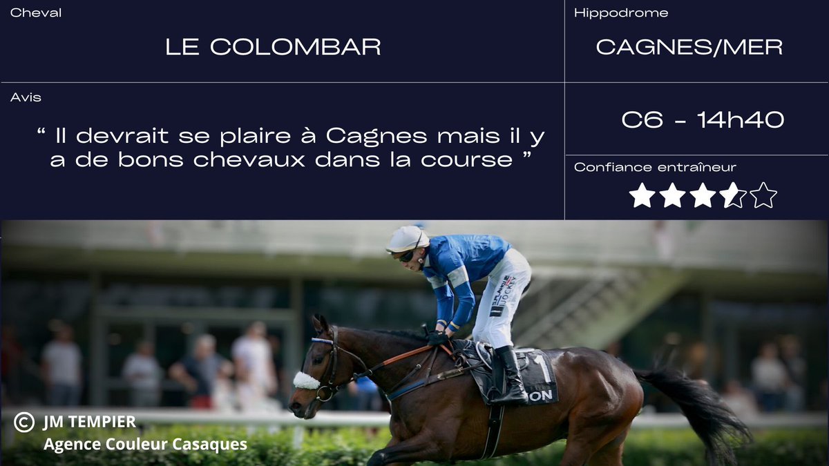 #Cagnes 1️⃣4️⃣ partants 3/4

⭕️ Prix Gérard Philipeau

🐴 MADEMOISELLE MIA
🧑🏽‍✈️ L. Philipperon

🐴 LE COLOMBAR
🧑🏽‍✈️ D. Ubeda