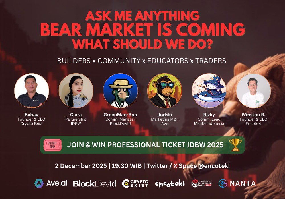 encoteki's tweet image. 📉IF THE BEAR MARKET IS COMING... WHAT SHOULD WE DO? 🫨

Join our X Spaces AMA and get real insights — whether you’re a builder, community member or leader, event enthusiast, or trader, this session is for you 🚀

🎙️ Speakers
@babay0x — Founder &amp;amp; CEO, @cryptoexist
@clarakuraraa —…
