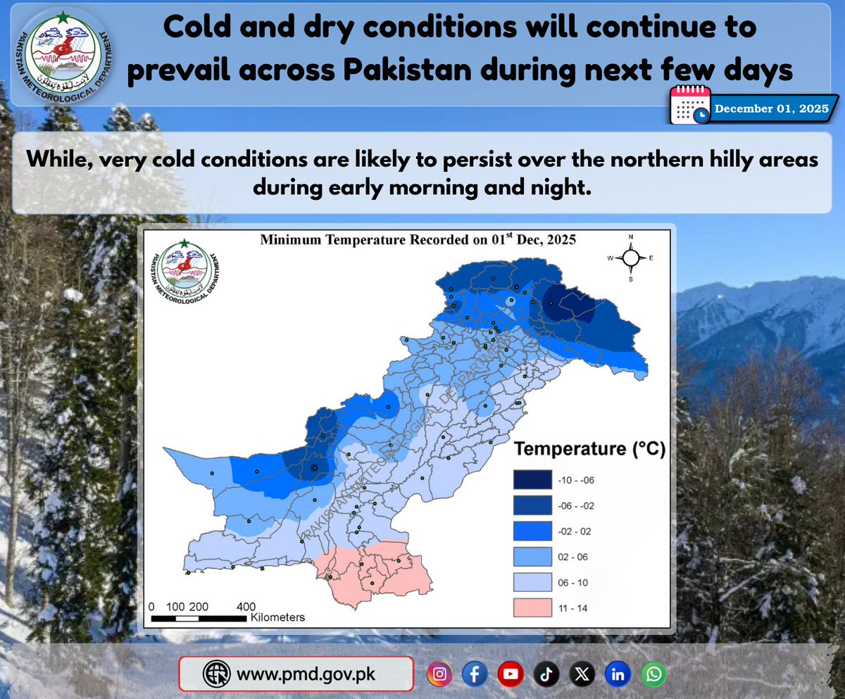 pmdgov's tweet image. Cold and dry conditions will continue to prevail across Pakistan during next few days
#WeatherAlert #dryweather #PakistanWeather #RainAlert #StaySafeStayPrepared #snowfall #northernareas #mountains