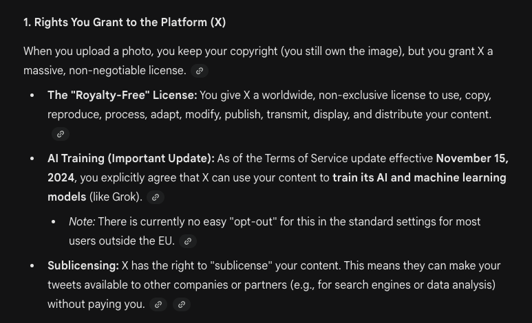 vivekraju93's tweet image. Was curious about the legal lens on this w.r.t. to X&apos;s policies on reuse of your photos you post on X. 

tldr...
- X can reuse - for itself, AI training, sub-license
- Other users can&apos;t reuse without consent