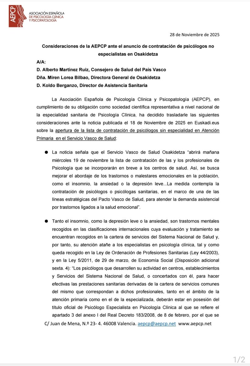 aepcp's tweet photo. Carta dirigida a los responsables de la Consejería de Salud del País Vasco ante el anuncio de contratación de psicólogos no especialistas en Osakidetza https://t.co/LGxu1lc4Lq