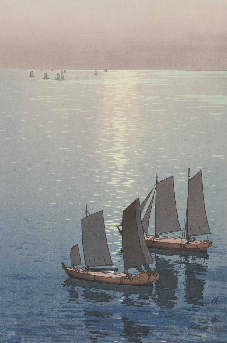 moa_museum's tweet photo. 次回展覧会「光る海　吉田博」12.20(土) 〜
 当館では近年、作品の舞台となった地を調査しています。本作品「瀬戸内海集　光る海」の撮影地は特定できませんでしたが、博も訪れた愛媛県上島町弓削島で取材を行いました。夕の光に合わせてヨットを動かしていただき、きらめく水面を撮影したところ、その情景はまさに博の描いた世界そのものでした。博の見た景色をご覧ください⛵️
 
「光る海　吉田博」
会期：12.20(土) 〜 2026.01.27(火)
