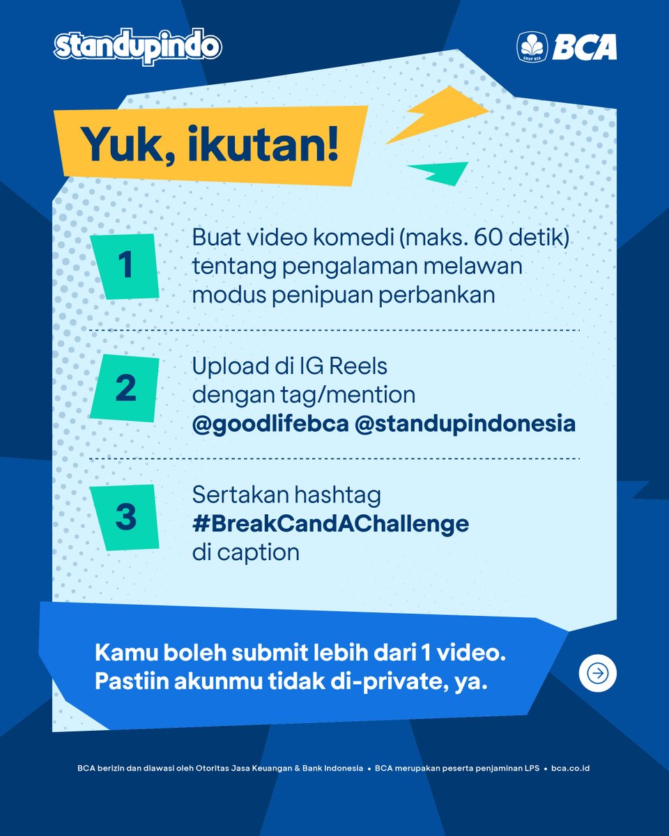 GoodLifeBCA's tweet image. Kasih tau warga-wargi biar lebih waspada modus penipuan apapun bentuknya lewat #BreakCandAChallenge 🎙️

Geser postingan di atas buat tau cara ikutannya, ya. Pemenang akan diumumkan lewat IG Story. 

Tanyakan di kolom komentar kalalu ada yang kurang jelas ya, GoodFriends!