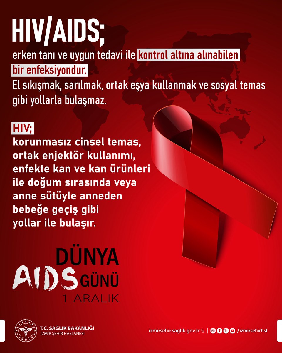 HIV/ AIDS erken tanı ve uygun tedavi ile kontrol altına alınabilen bir enfeksiyondur. El sıkışmak, sarılmak, ortak eşya kullanmak ve sosyal temas gibi yollarla bulaşmaz.

#dünyaaıdsgünü
#izmirşehirhastanesi