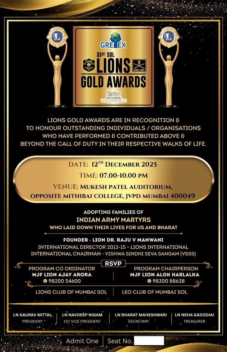 31st SOL Lions Gold Awards
Honoring excellence. Supporting families of Indian Army martyrs.
📅 Dec 12, 2025 | 7 PM
📍 Mukesh Patel Auditorium, Mumbai
Because recognition means nothing without responsibility.
RSVP: 98200 54600 | 98300 88638
🏆 Presented by Gretex
#LionsGoldAwards
