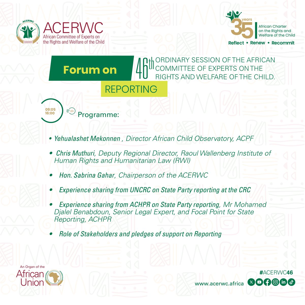 acerwc's tweet image. Day 5 of #ACERWC46 convenes as a forum on State Party Reporting and the Implementation of the African Children’s Charter.

📽️ Watch the Session LIVE🔴🌐🌐🔗🔗 our YouTube channel: youtube.com/live/tgdfBW5ac…

#ACERWC46
#AfricaFit4Children
#Agenda2040