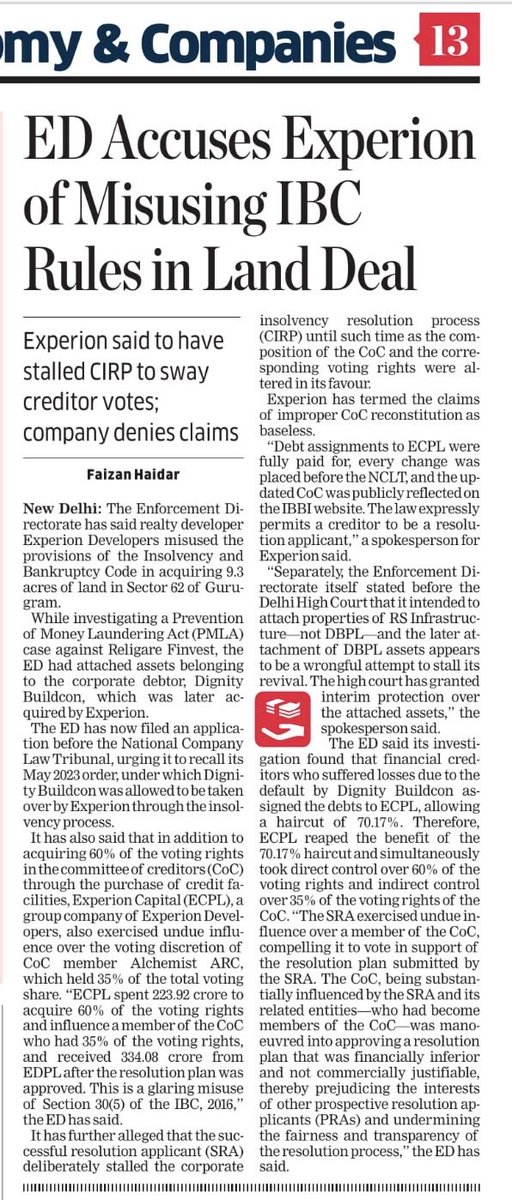 FaiHaider's tweet photo. The #ED investigation found that financial creditors who suffered losses due to the default by #Dignity Buildcon assigned the debts to ECPL, allowing a haircut of 70.17%.
#experion
https://t.co/EyShVwcd0s https://t.co/utvbbJO3qu