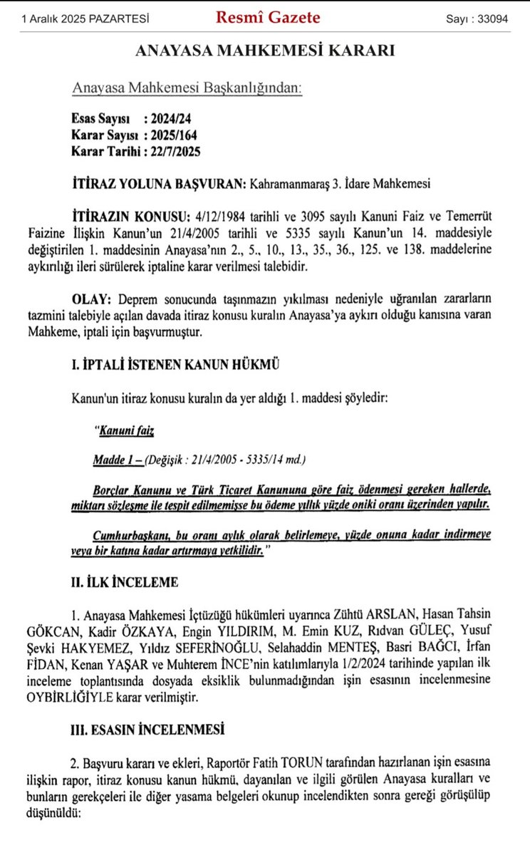SergulBalsever's tweet photo. 👩‍⚖️ Anayasa Mahkemesi'nin bugünkü (01.12.2025) Resmi Gazetede yayımlanan kararı (2024/24 E., 2025/164 K., 22.07.2025) uyarınca "kanuni faiz" oranını belirleyen 3095 sayılı Kanuni Faiz ve Temerrüt Faizine İlişkin Kanunun md. 1 hükmü iptal edildi. https://t.co/PQxKZ6leaQ