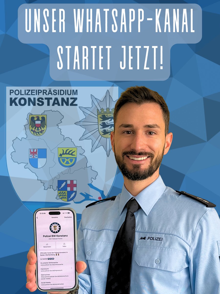 🚨 Heute starten wir unseren WhatsApp-Kanal!

Ab sofort informieren wir euch dort schnell, direkt und zuverlässig – ganz ohne Umwege, direkt aufs Smartphone. 📲

Jetzt abonnieren &amp; gerne teilen: sohub.io/vwjj

#PolizeiKonstanz #Konstanz