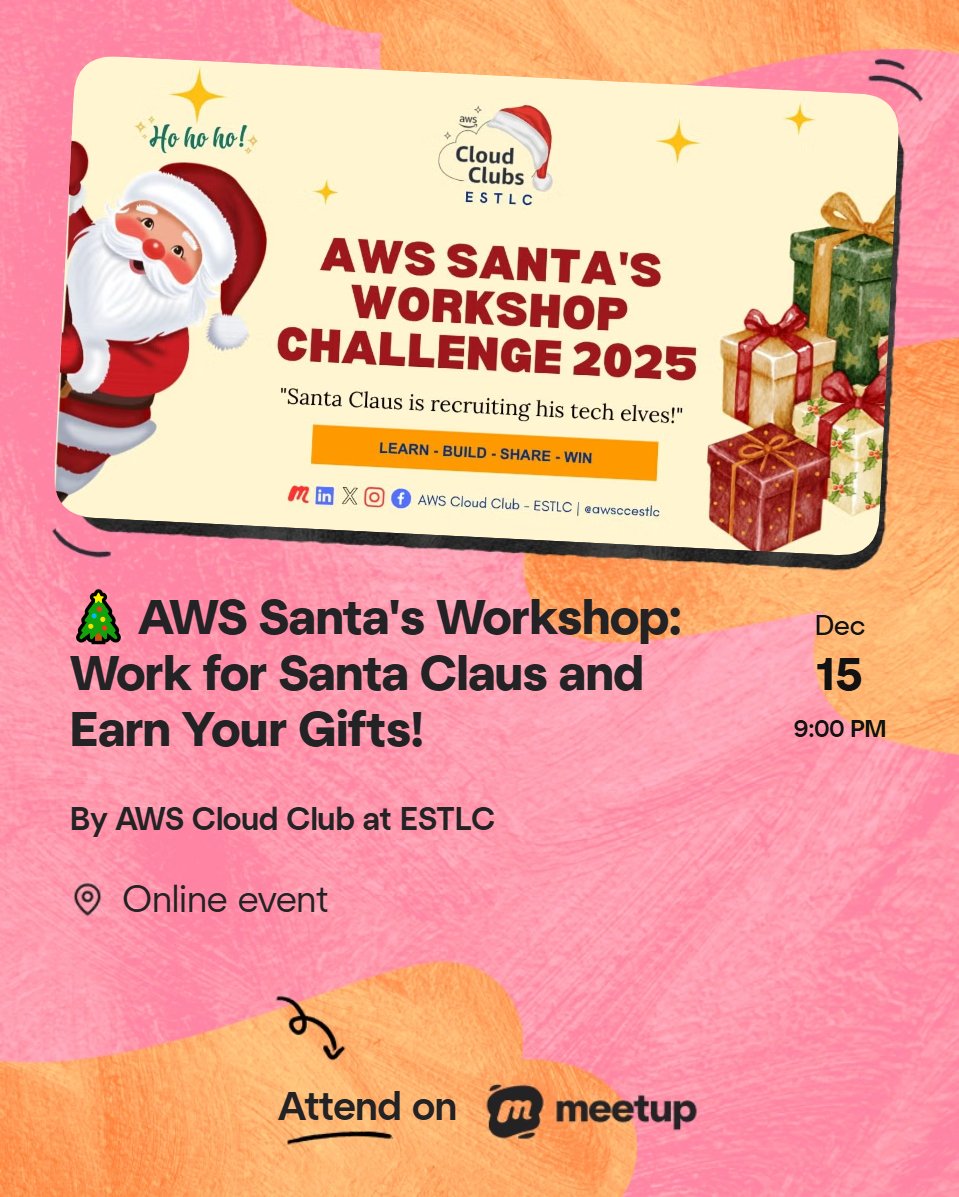 awsccestlc's tweet photo. 🚨 AWS SANTA'S WORKSHOP CHALLENGE 2025! 🎅

Santa needs YOUR tech skills!

🏆 10 participants → $50 AWS credits FREE
🎁 Exclusive AWS swags to win
📚 FREE training (beginners welcome!)

https://t.co/ENQ8RIG1KI

#AWSSantaChallenge #AWSCommunity #AWSCCESTLC https://t.co/xlbYApfUFn