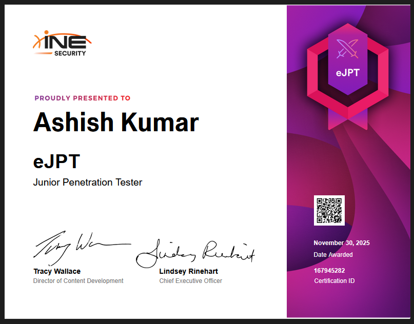 ydvashish224's tweet image. Thrilled to share that I have officially passed the eJPT (eLearnSecurity Junior Penetration Tester) certification from @ine 
This journey taught me patience, consistency, and the importance of never giving up.
#eJPT #BugBounty  #Hacker #CyberSecurity #pentesting