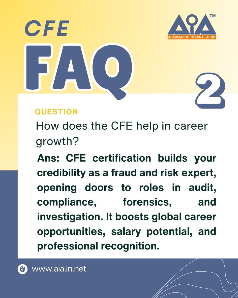 AcademyAudit's tweet photo. Welcome to our CFE FAQ series!🎓
Curious about CFE, CIA, or CAMS? DM us today — we’ll guide you honestly🫱🏼🫲🏻
#CFECertification #FraudExamination #AuditProfessionals #ComplianceCareers #CFEJourney #AIACommunity #CareerGrowth #ForensicAccounting #FutureCFEs #ProfessionalDevelopment https://t.co/86bf9cYF9g