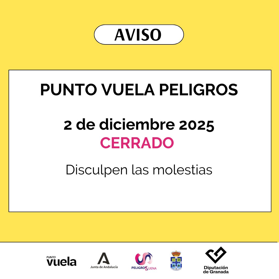 El Punto Vuela de Peligros permanecerá cerrado el 2 de diciembre de 2025. Disculpen las molestias
<a href="/PeligrosSuena/">Ayuntamiento de Peligros</a>