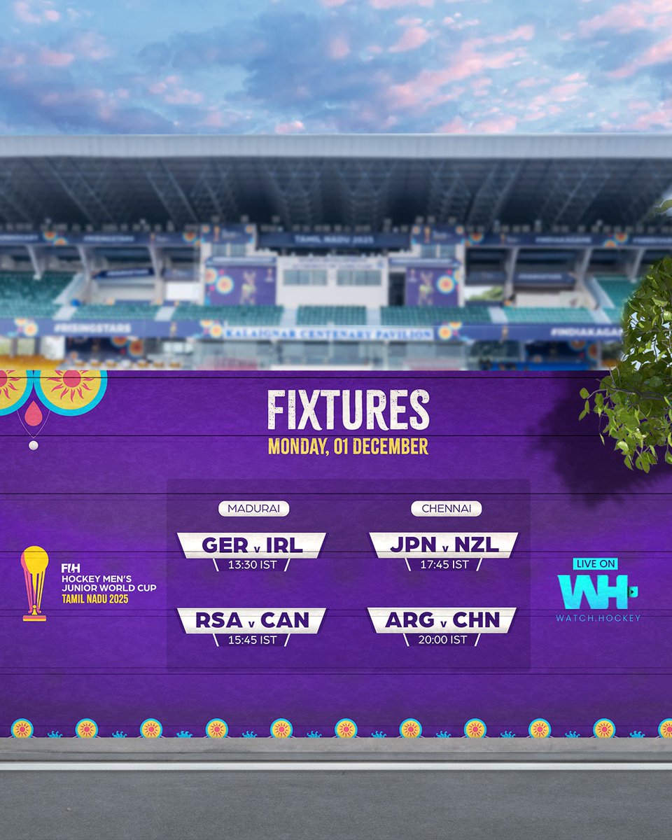 Four more exciting games lined up on Day 4 of the FIH Hockey Men's Junior World Cup 2025 Tamil Nadu. #Risingstars 

📱𝗦𝘁𝗿𝗲𝗮𝗺 𝗮𝗹𝗹 𝘁𝗵𝗲 𝗺𝗮𝘁𝗰𝗵𝗲𝘀 𝗹𝗶𝘃𝗲 𝗼𝗻 watch.hockey.

#Hockey