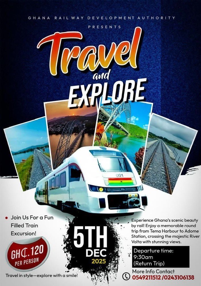 joe_cavani2's tweet photo. New week, long weekend. Join us this Friday 5th December and let’s make a return trip to Akosombo via train https://t.co/4j03XZyiBt