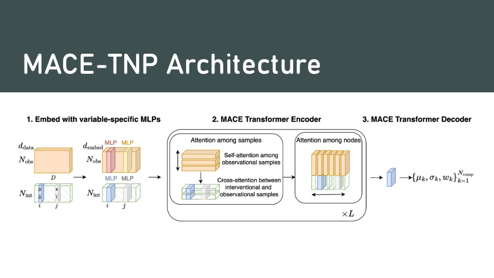 dhir_anish's tweet image. Our architecture follows recent advances in neural processes/TabPFNs. We provide a flexible approach for encoding the role of each variable (outcome, treatment, marginal), and encode properties of the posterior. The final density is represented with mixtures of Gaussians.
🧵4/10