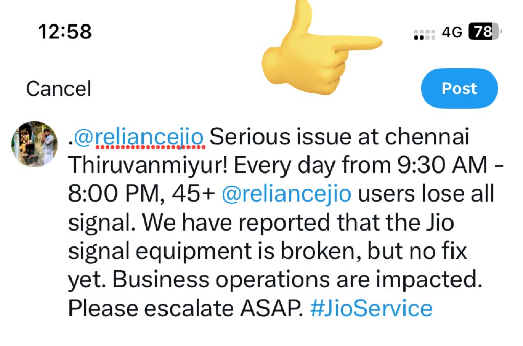 psrajarajan's tweet photo. .@reliancejio Serious issue at chennai Thiruvanmiyur! Every day from 9:30 AM - 8:00 PM, 45+ @reliancejio users lose all signal. We have reported that the Jio signal equipment is broken, but no fix yet. Business operations are impacted. Please escalate ASAP. #JioService ss fyki https://t.co/Hy7nK3iKIu