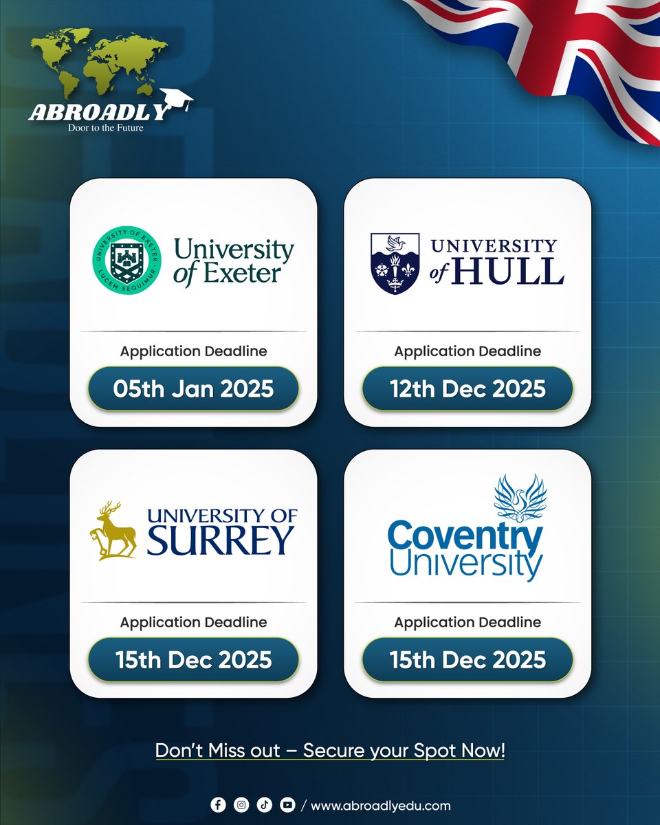 AbroadlyConnect's tweet image. 📌 𝐀𝐩𝐩𝐥𝐢𝐜𝐚𝐭𝐢𝐨𝐧 𝐃𝐞𝐚𝐝𝐥𝐢𝐧𝐞𝐬 𝐀𝐥𝐞𝐫𝐭 – 𝐔𝐊 𝐉𝐚𝐧𝐮𝐚𝐫𝐲 𝟐𝟎𝟐𝟔 𝐈𝐧𝐭𝐚𝐤𝐞! 🇬🇧
Let Abroadly Connect guide you through every step of the admission process. 🎓
.
#AbroadlyConnect #UKIntake2026 #ApplicationDeadlines #StudyInUK #StudyAbroad #doortothefuture
