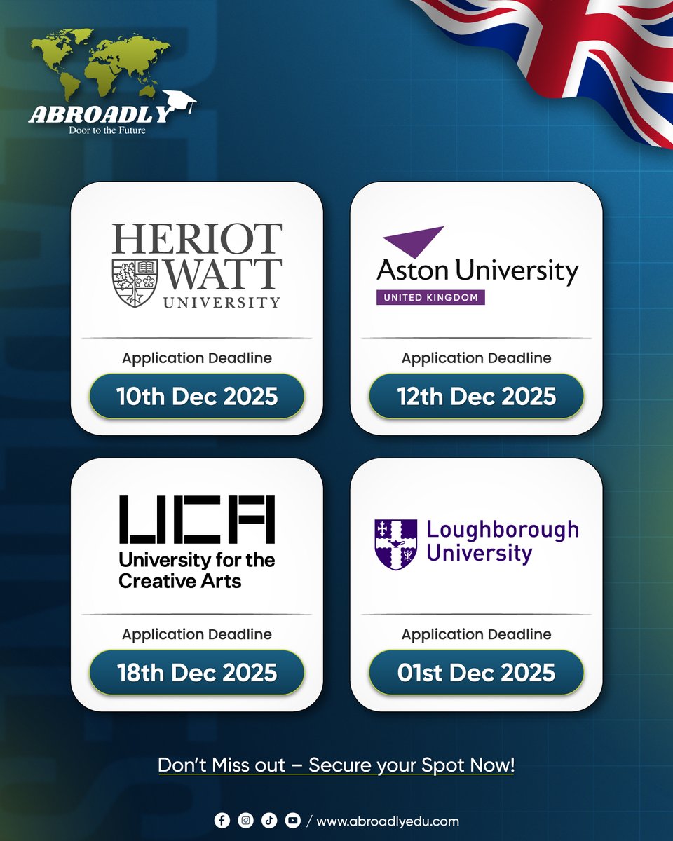 AbroadlyConnect's tweet image. 📌 𝐀𝐩𝐩𝐥𝐢𝐜𝐚𝐭𝐢𝐨𝐧 𝐃𝐞𝐚𝐝𝐥𝐢𝐧𝐞𝐬 𝐀𝐥𝐞𝐫𝐭 – 𝐔𝐊 𝐉𝐚𝐧𝐮𝐚𝐫𝐲 𝟐𝟎𝟐𝟔 𝐈𝐧𝐭𝐚𝐤𝐞! 🇬🇧
Let Abroadly Connect guide you through every step of the admission process. 🎓
.
#AbroadlyConnect #UKIntake2026 #ApplicationDeadlines #StudyInUK #StudyAbroad #doortothefuture