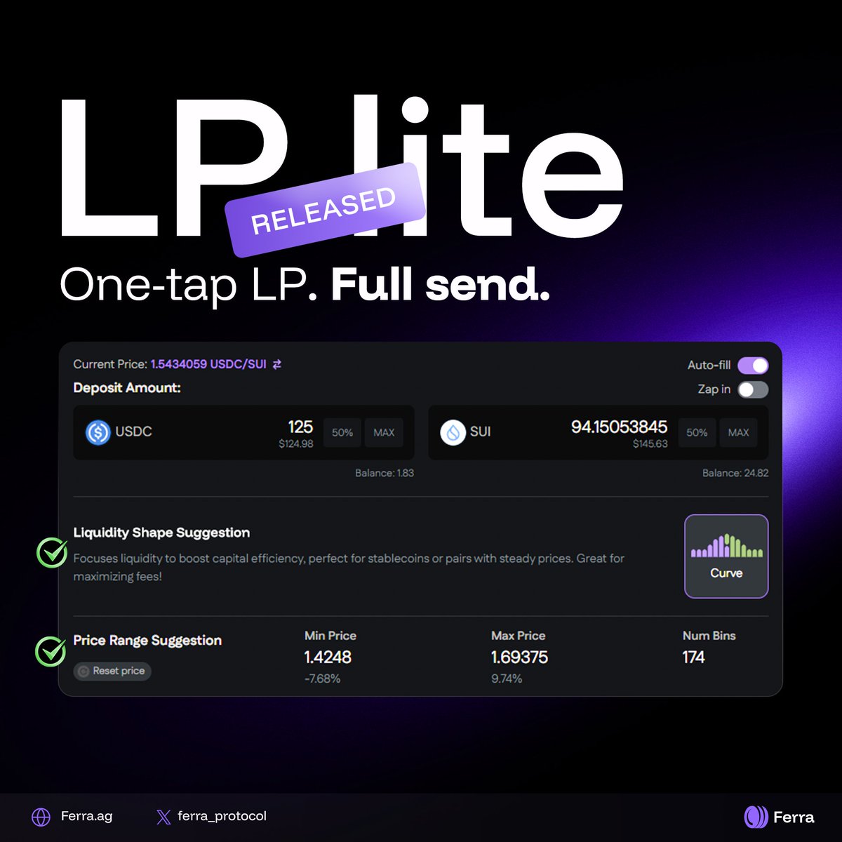We shipped this so you don’t have to learn LP-to-Earn.

Meet LP lite, where anyone can become a Market maker on Sui.

Just:
→ pick your fav pool
→ switch to Lite mode
→ enter how much you want to LP
→ get auto-picked range &amp; strategy
→ bye IL, bye out-of-range, earn fees