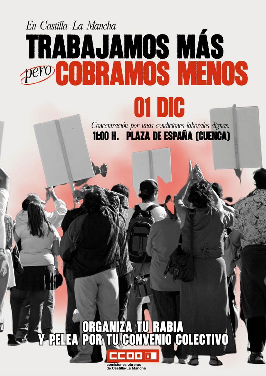 📢✊ @el_PCE llamamos a sumarse hoy a la concentración de CCOO a las 11h en Plz España.

💶 Subida salarial: España 3,53% vs. CLM 2,97%
⏱️ Jornada semanal: España 38,4 h vs. CLM 39,4 h

❗¡Nos vemos en las calles! ¡Nos sobran motivos!

🔥 ¡Organizándonos AVANZAMOS!