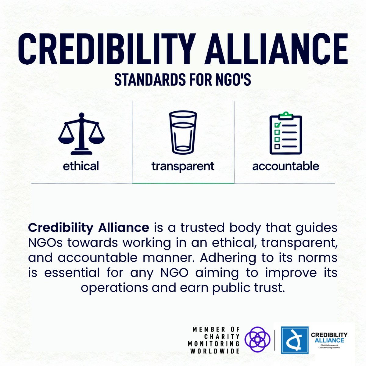 CredibilityA's tweet image. Stronger NGOs are built on trust. Credibility Alliance norms help organisations stay ethical, transparent and accountable so communities and donors know they can rely on every action taken. 

#CredibilityAlliance #NGO #TrustMatters #Transparency #Accountability #GoodGovernance