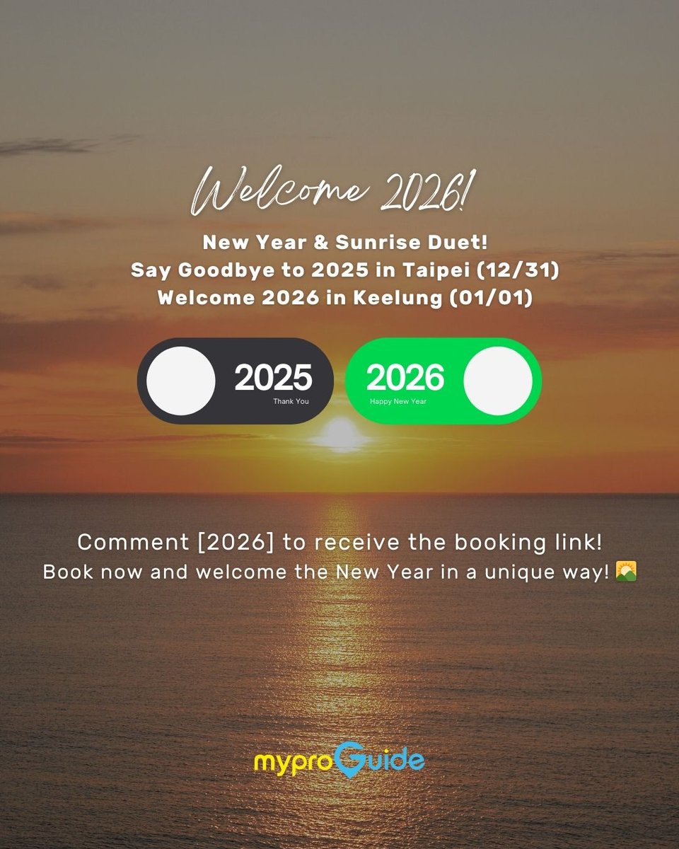 MyProGuide's tweet photo. Still no plans for 12/31 and 1/1? We offer 2 unique ways to welcome 2026 in Taiwan! 🇹🇼✨

🎆 Tour A (12/31): Jiufen, Shifen &amp; Distant 101 View.
https://t.co/f7LPoJUDMS

🌅 Tour B (1/1): Keelung Sunrise &amp; Midnight Market.
https://t.co/47MeVJzXI0

Hassle-free transport included! 🚌 https://t.co/hTABshsLEc