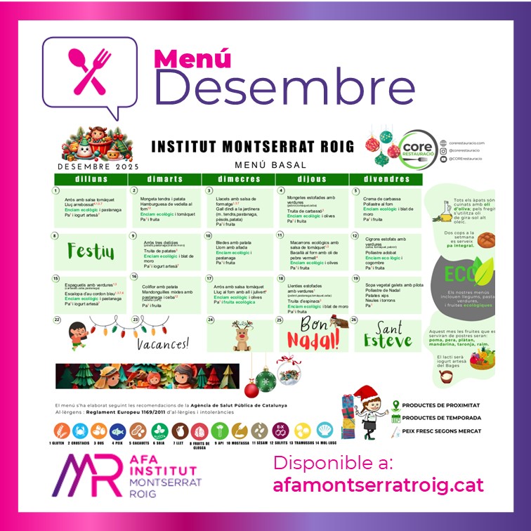 Famíles‼️
Avui és 1 de desembre, entrem en el darrer mes de 2025 i ja teniu disponible el menú al nostre web.
🍎🍽️🍳
🔗afamontserratroig.cat/serveis/menjad…