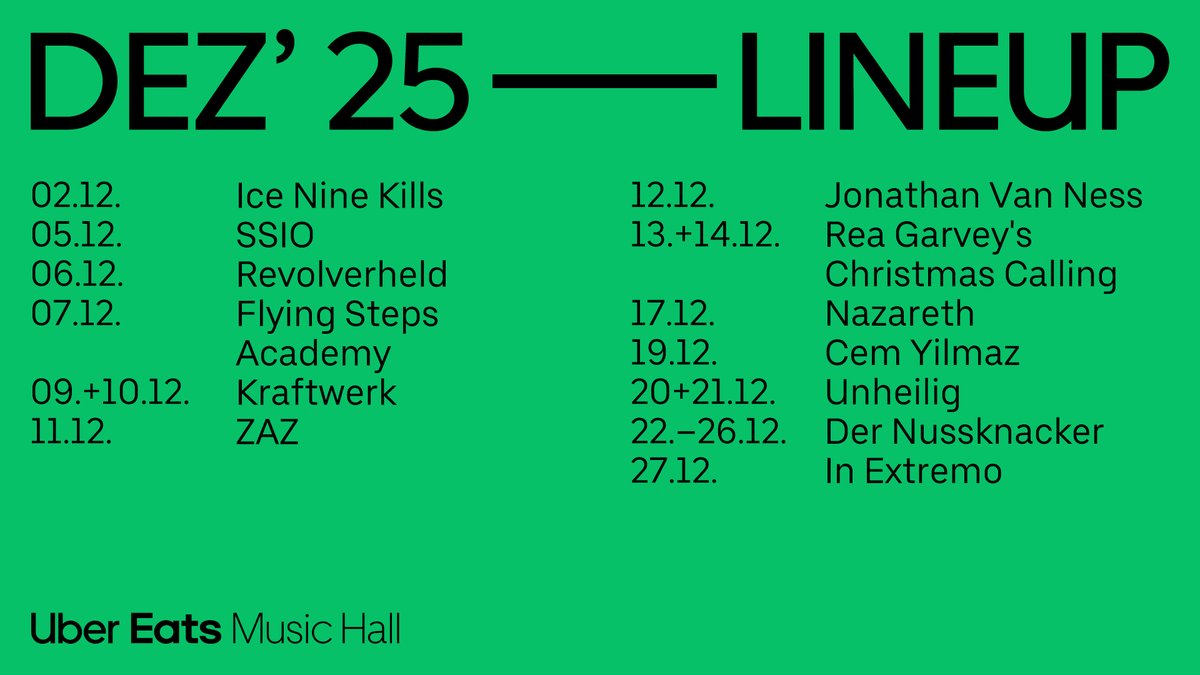 In der Weihnachtszeit warten in der Uber Eats Music Hall einige Highlights auf euch!🎄⭐

Mit welchem Event versüßt ihr euch den Dezember?😍