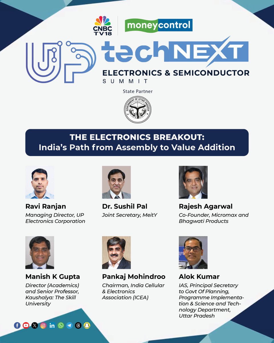 moneycontrolcom's tweet photo. #UPTechNext | 🚨 The Electronics Breakout: India’s shift from assembly to value addition - industry leaders decode the future at UP Tech Next Summit.

Catch: 
~ Ravi Ranjan, Managing Director, UP Electronics Corporation
~Dr. Sushil Pal, Joint Secretary, @GoI_MeitY
~Rajesh Agarwal (@Rajesh_Mmx), Co-Founder, Micromax and Bhagwati Products
~Manish K Gupta, Director (Academics) and Senior Professor, Kaushalya: The Skill University
~Pankaj Mohindroo (@PankajMohindroo), Chairman, ICEA
~Alok Kumar, IAS, Principal Secretary To Govt Of Planning, Programme Implementation & Science and Technology Department, Uttar Pradesh 

Register now ⬇️ 
https://t.co/uJe69CyCas

📅 December 02, 2025 | 4 PM onwards
📍 Lucknow 

#UPTechNextSummit | 
@UPGovt