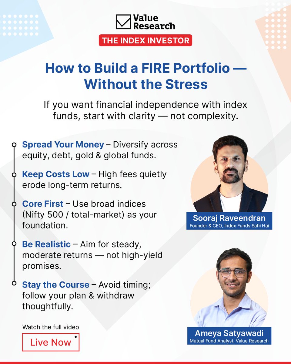 You don’t need a complicated FIRE plan.
You just need to focus on the principles that actually move your money forward.

From diversification to keeping costs low, Sooraj Raveendran- Founder and CEO @indexfundsahihai and Ameya Satyawadi break down how to build a stress-free FIRE