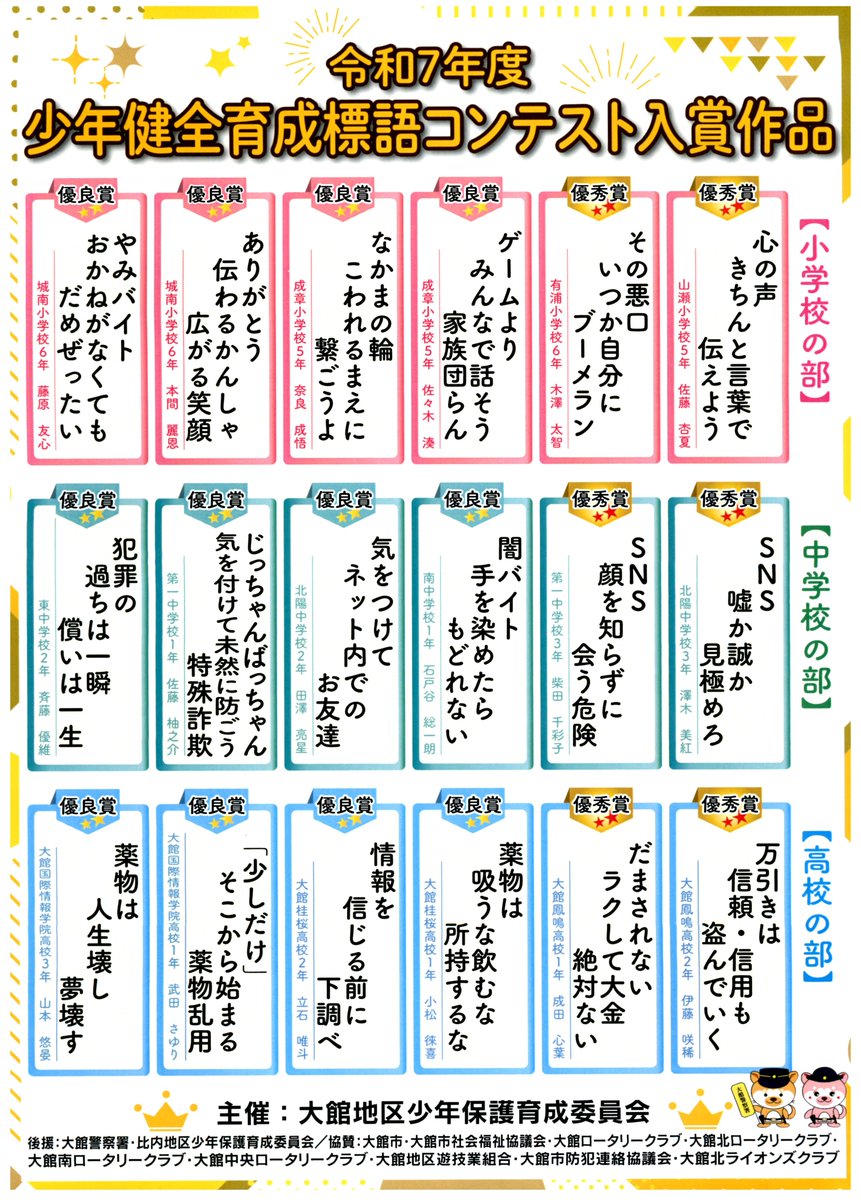 令和７年度少年健全育成標語コンテストへの御応募ありがとうございました。
　各部での受賞作品を紹介します。
#秋田県警察 #秋田県大館警察署 #標語コンテスト