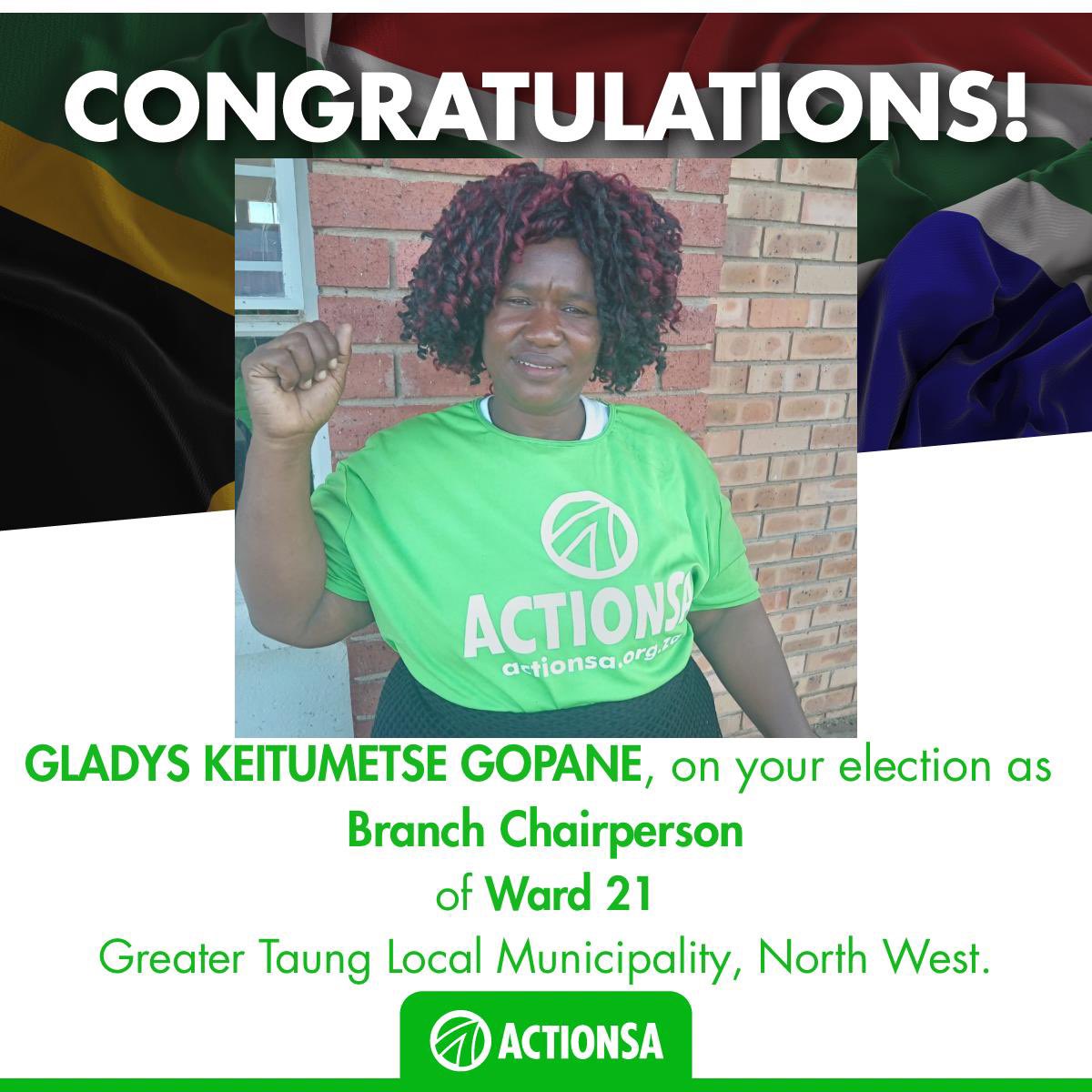 Congratulations from ActionSANW! 🎉 Gladys Keitumetse Gopane has been elected as branch chairperson for Ward 21, and Mmakatiso Moreotsenge for Ward 20 in Greater Taung LM. Together, they will lead us into a bright future! 🌟 #ActionSA #GreaterTaung #Leadership