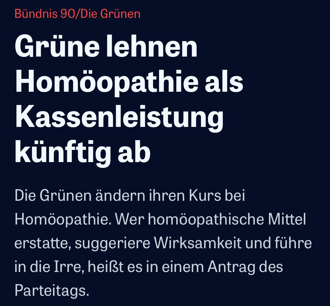 ‼️Es ist eine ebenso erstaunliche, wie gute Nachricht:

Endlich hat diese Partei verstanden, dass Homöopathie gefährliche Schwurbel-Scharlatanerie ist.
Wenn die Kassen den Mumpitz nicht mehr bezahlen, würde das eine Zäsur bedeuten;
im Sinne der Patienten.

zeit.de/politik/deutsc…