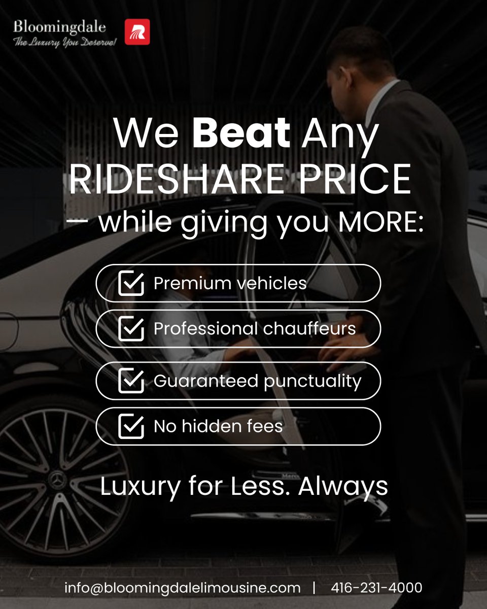 Bloomingdalimo's tweet photo. 𝗕𝗲𝗮𝘁 𝘁𝗵𝗲 𝗥𝗶𝗱𝗲 𝘀𝗵𝗮𝗿𝗲 𝗣𝗿𝗶𝗰𝗲 &amp; 𝗚𝗲𝘁 𝗠𝗢𝗥𝗘! 💰 

Why choose rideshare when you can have a professional chauffeur, premium car, and guaranteed punctuality for less?
✅ 𝗡𝗼 𝗛𝗶𝗱𝗱𝗲𝗻 𝗙𝗲𝗲𝘀. 
✅ 𝗟𝘂𝘅𝘂𝗿𝘆 𝗳𝗼𝗿 𝗟𝗲𝘀𝘀.

#LuxuryForLess #LimoService https://t.co/Jft68hBbmo