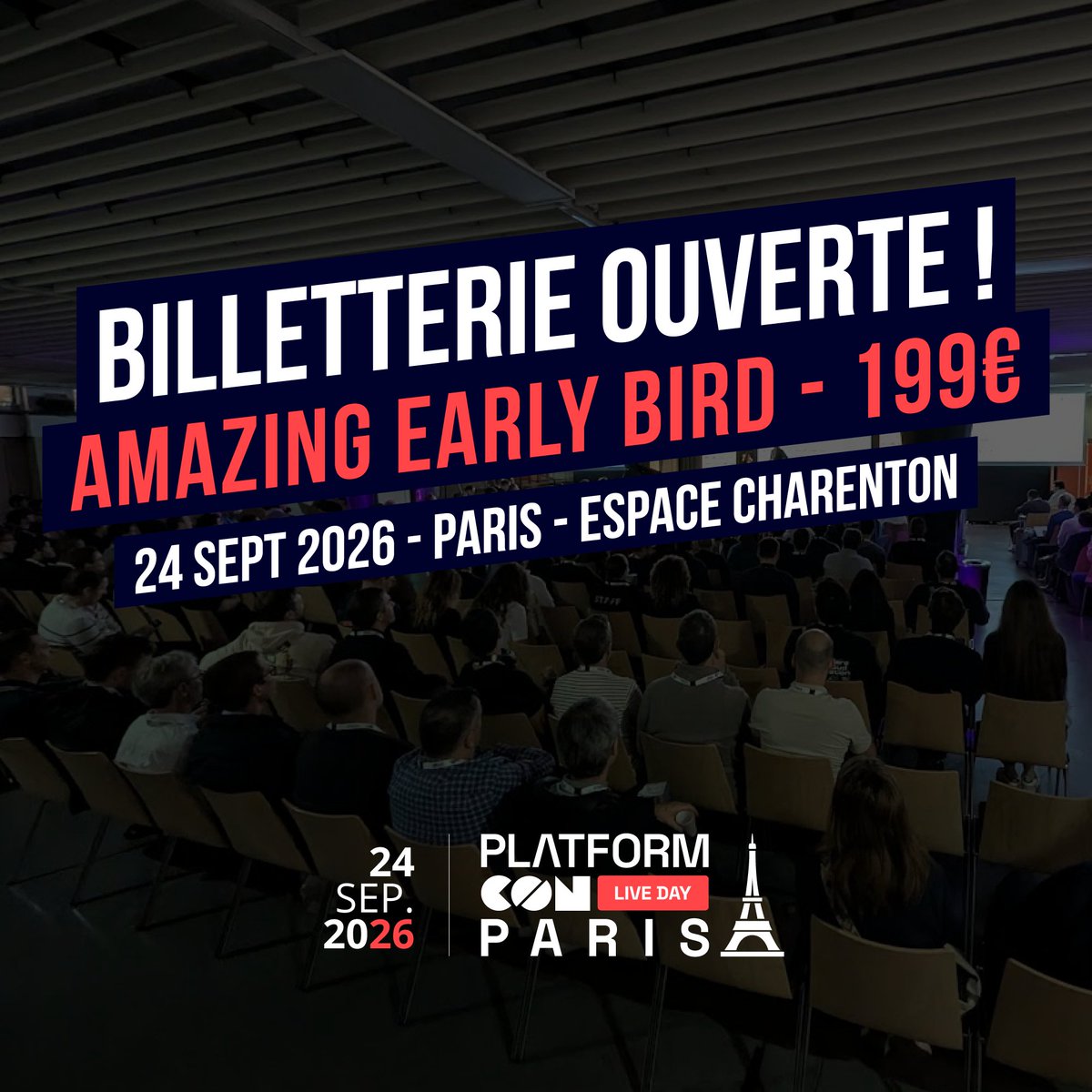 YesWeScale's tweet image. Oubliez le Cyber Monday... 
Aujourd&apos;hui, c&apos;est le #PlatformCon Day !

La billetterie de la PlatformCon Live Day Paris 2026 est OUVERTE !

📅 24/09/2026 

Tarif Amazing Early Bird à 199€ jusqu&apos;au 31/12 (quantité limitée !)
➡️ platformconlive.fr

#PlatformEngineering #WeScale