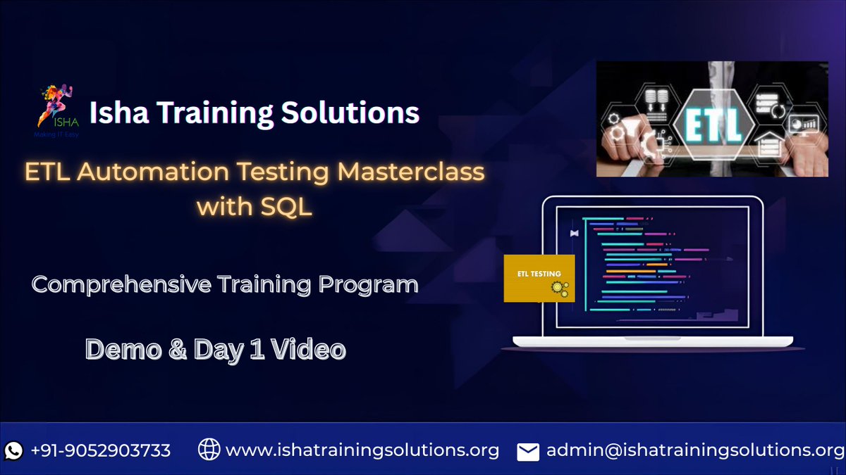 IshaKumargupta's tweet image. ETL Automation Testing Masterclass with SQL-Demo &amp;amp;Day 1 Recording
Watch here: Demo-youtu.be/XXKkxvQQfkI
Day 1-youtu.be/EGJVIxeA3NY
Enrollments Open! 
Regular Sessions Start:6th Dec🕘Timings:🇮🇳 7 PM/🇺🇸 8:30 AM
Course Fee: ₹6,900/$89 
Contact us:+91-90529 03733
#ETLTesting