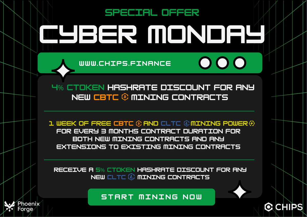 chips.finance Cyber Monday sale is happening now! 

🎉Start mining $BTC, $LTC, and $DOGE cheaper than ever before with our discounts on hashrate and energy promotions