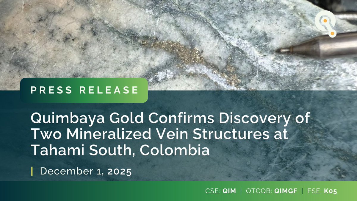 📢 Press Release | Quimbaya Gold Confirms Discovery Of Two Mineralized Vein Structures At Tahami South, Colombia

We are pleased to announce the discovery of two new mineralized vein systems (Vein S and Vein V) at our 100%-owned Tahami South Project. This is the first hard
